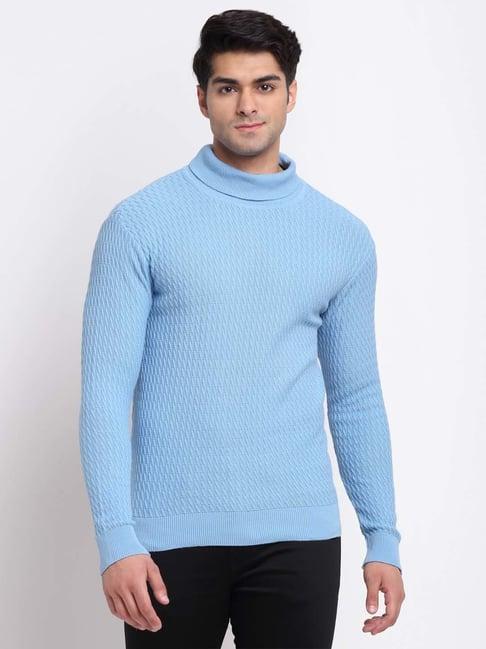 club york sky blue regular fit high neck self design sweater