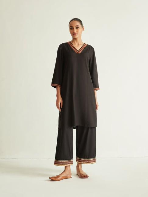 ancestry black rayon embroidered straight kurta