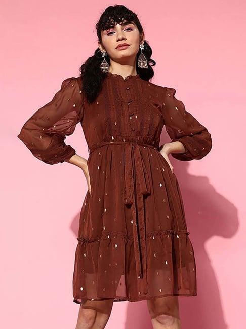 ishin brown embellished a-line dress