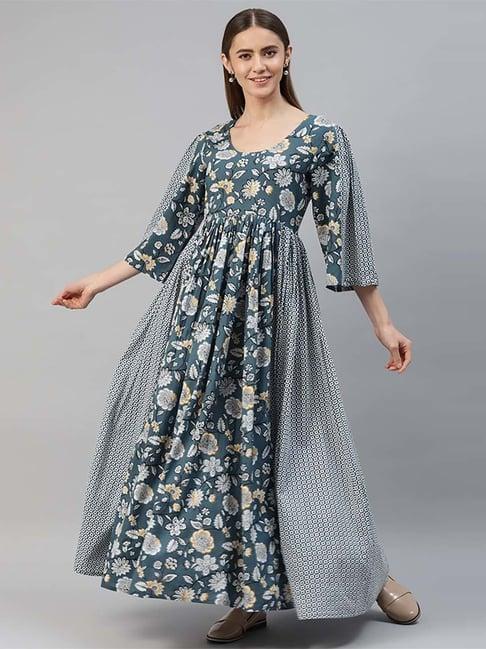 kipek blue cotton printed maxi dress