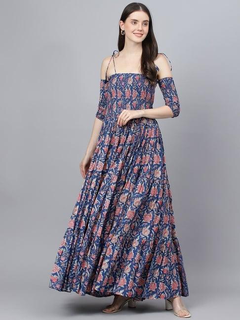 divena blue cotton floral print maxi dress