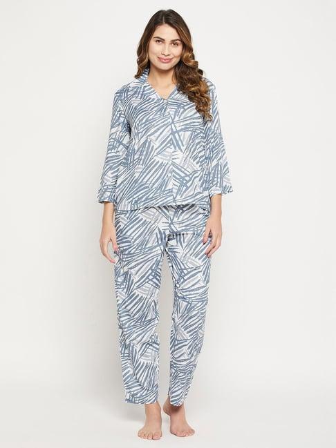 clovia white & blue printed shirt with pyjamas