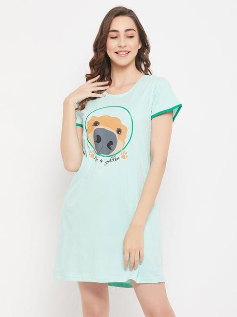 clovia light blue printed cotton night dress