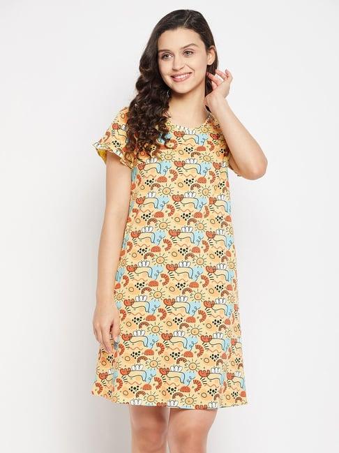 clovia yellow printed cotton night dress