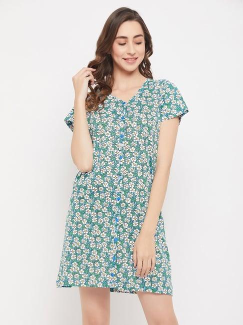 clovia blue printed cotton night dress