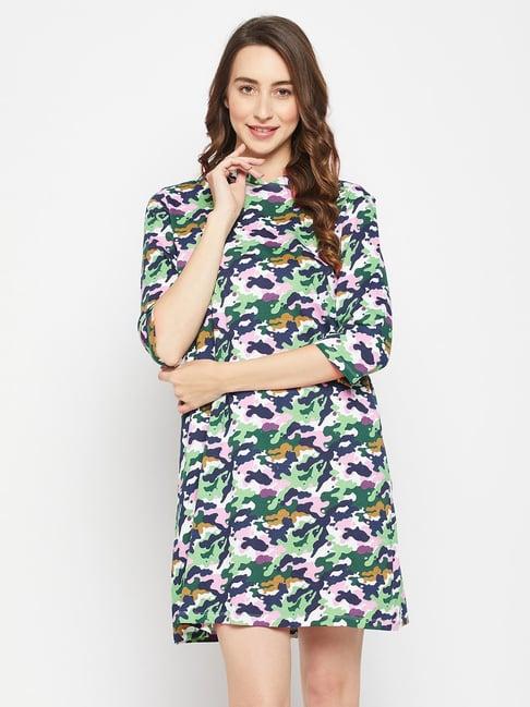 clovia multicolor printed cotton hooded night dress