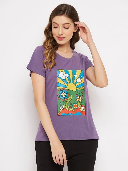 clovia purple printed cotton t-shirt