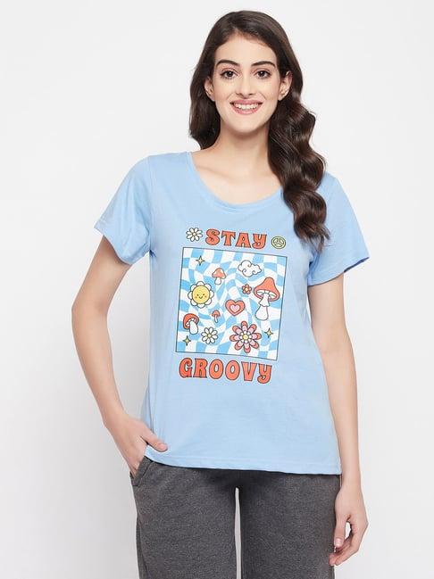 clovia blue printed cotton t-shirt