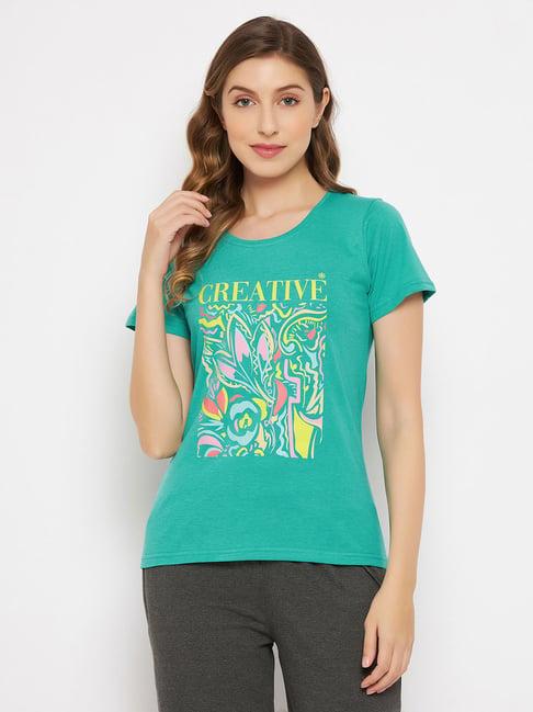 clovia green printed cotton t-shirt