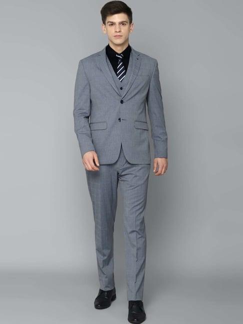 louis philippe permapress grey slim fit checks three piece suits