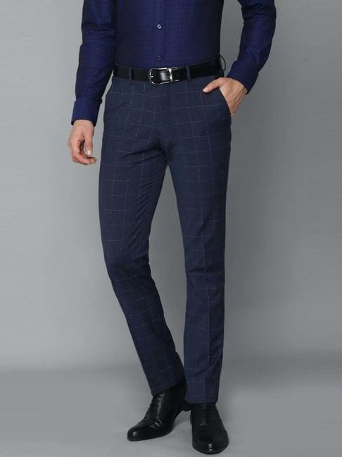 louis philippe navy blue slim fit checks trousers