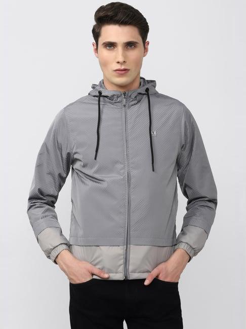 v dot grey regular fit self pattern hooded jacket