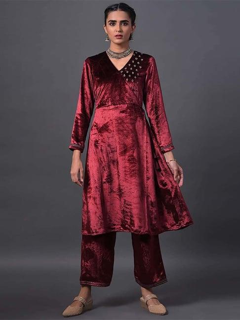 w dark red mock angrakha embroidered kurta with straight pants