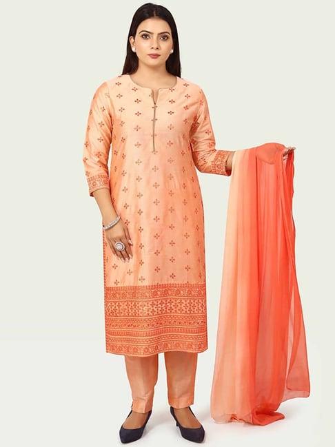 cotton culture peach cotton embroidered kurta pant set with dupatta