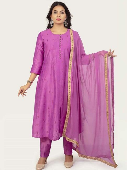 cotton culture purple cotton embroidered kurta pant set with dupatta