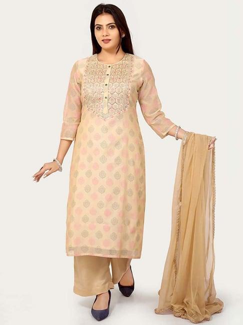 cotton culture beige embroidered kurta palazzo set with dupatta