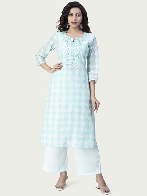 cotton culture sky blue cotton embroidered kurta palazzo set