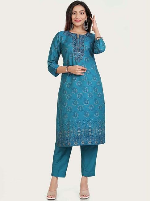 cotton culture teal blue cotton embroidered kurta pant set