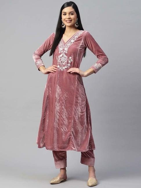 shades pink embroidered kurta pant set