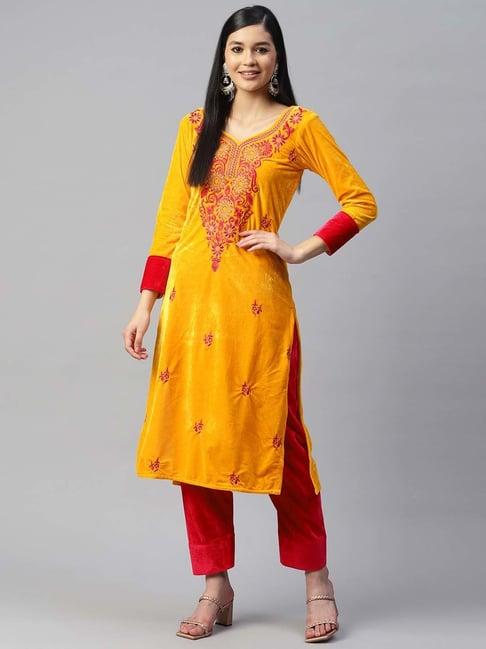 shades yellow embroidered kurta pant set