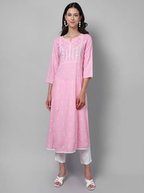 cantabil pink cotton embroidered kurta with pants