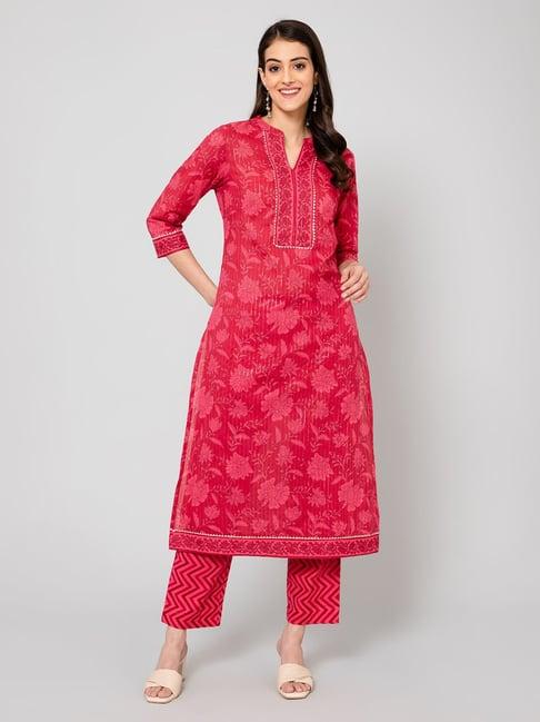 cantabil pink floral print kurta with pants