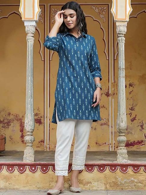 juniper blue cotton printed straight kurti