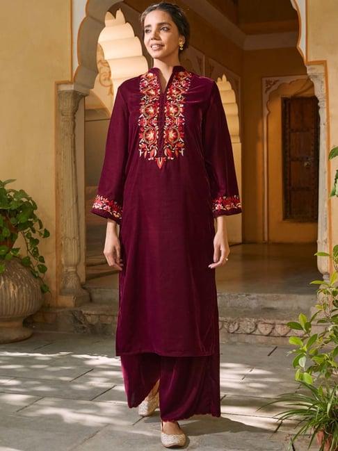 rustorange pink embroidered kurta pant set