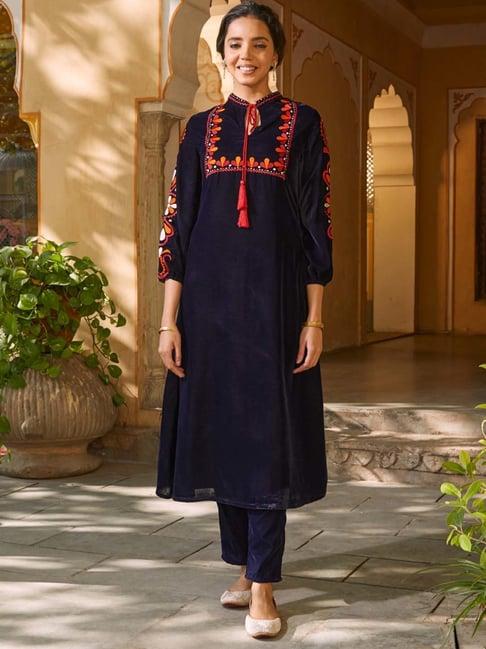 rustorange blue embroidered a line kurta