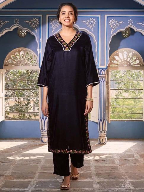 rustorange blue embroidered straight kurta