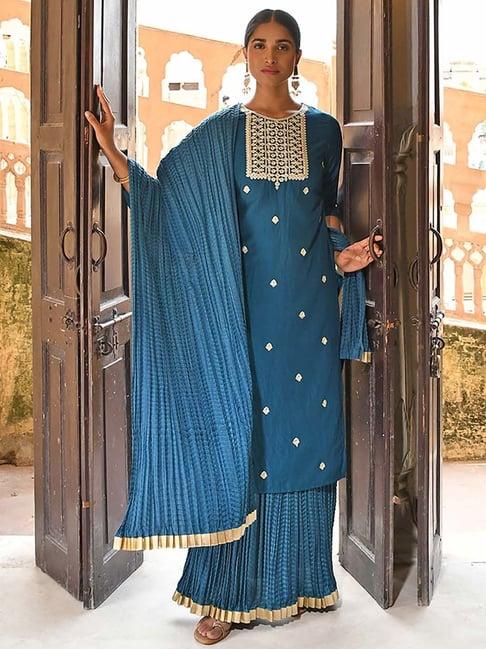 janasya teal blue embroidered kurta skirt set with dupatta