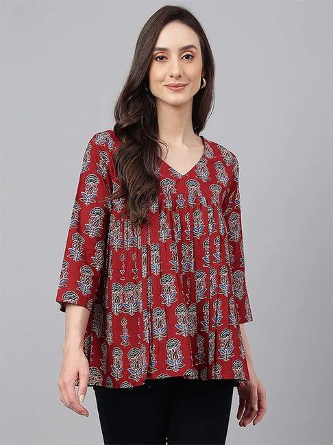 janasya maroon cotton floral print tunic