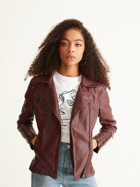 cover story maroon regular fit biker jacket