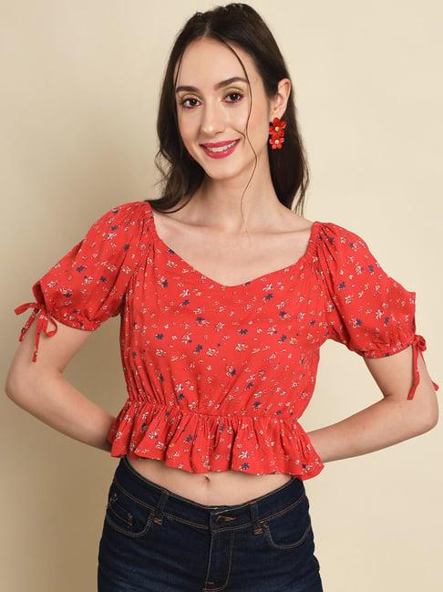 trend arrest red floral print crop top