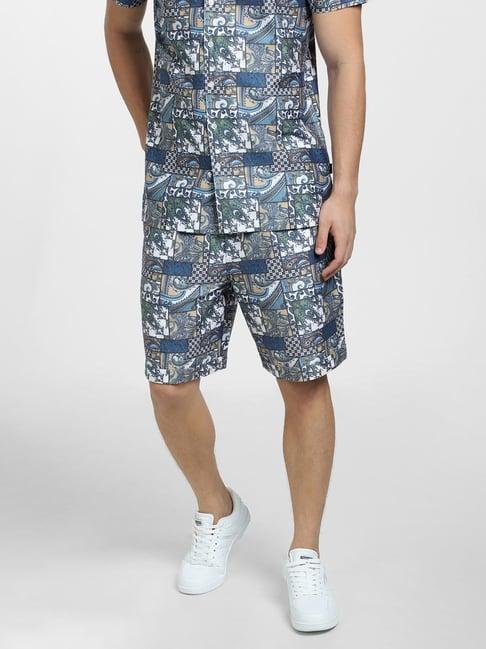 jack & jones teal blue regular fit printed cotton shorts