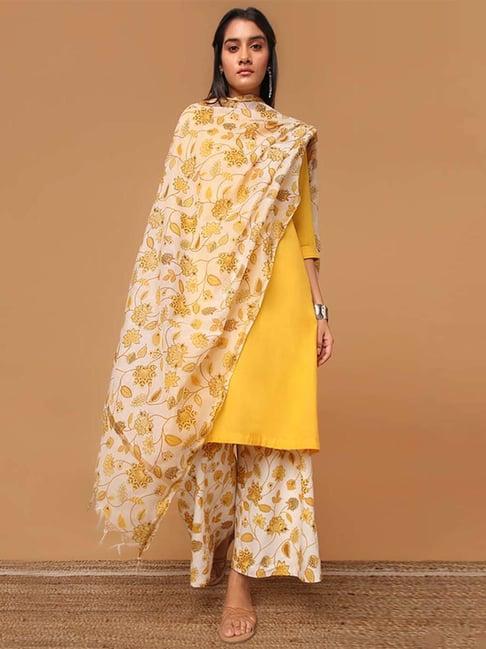 marigold lane beige & yellow printed dupatta