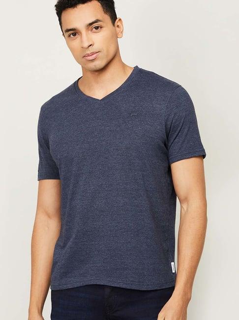 fame forever by lifestyle navy blue cotton regular fit heathered t-shirt