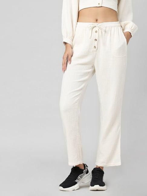 only beige cotton straight fit high rise pants