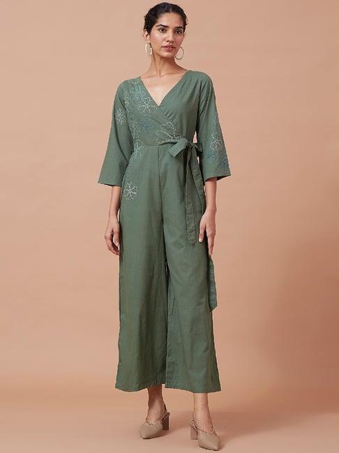 okhai forest magic green pure cotton hand embroidered jumpsuit