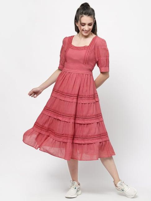 terquois pink cotton fit & flare dress with inner slip