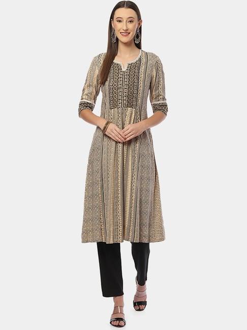 biba beige & black printed straight kurta