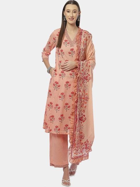 biba peach cotton printed kurta pant set with dupatta