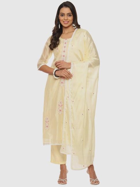 biba yellow embroidered unstitched dress material