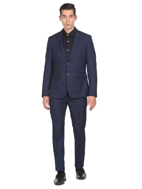 arrow dark blue regular fit checks three piece suit