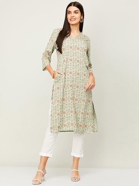 melange by lifestyle green printed straight kurta