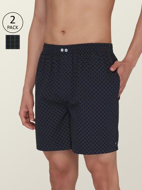 xyxx black & blue cotton relaxed fit checks boxers - pack of 2