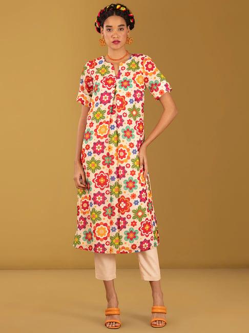 pink fort multicolor floral print kurta with churidar