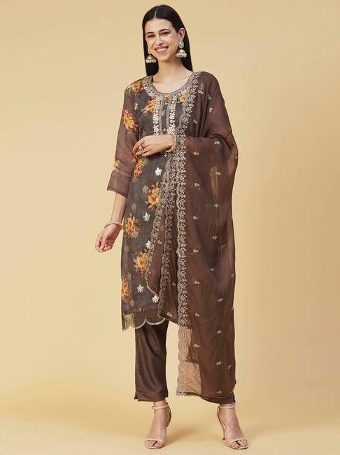 fashor grey & brown embroidered kurta pant set with dupatta