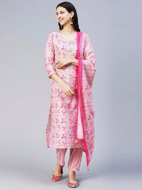 fashor pink embroidered kurta pant set with dupatta