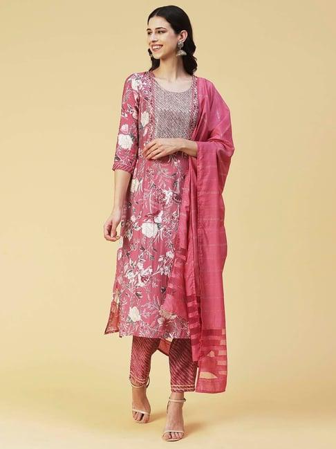 fashor pink embroidered kurta pant set with dupatta